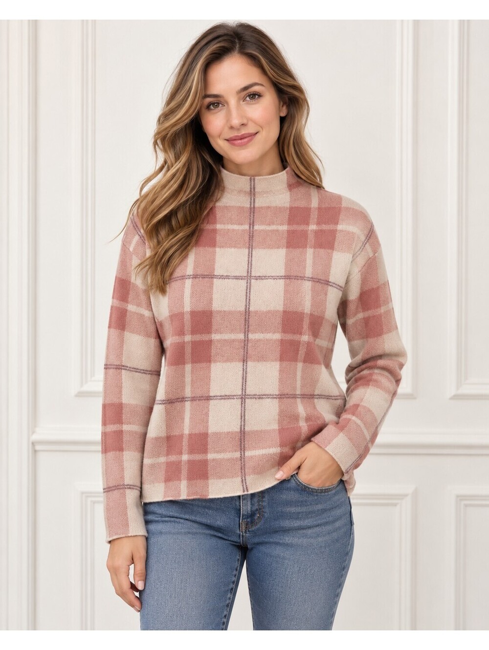 Tahari Women's Plaid Mock Neck Sweater Size M Pink Cream Long Sleeve Pullover